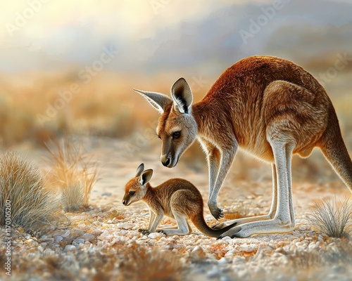 A kangaroo helping her joey climb into her pouch. photo