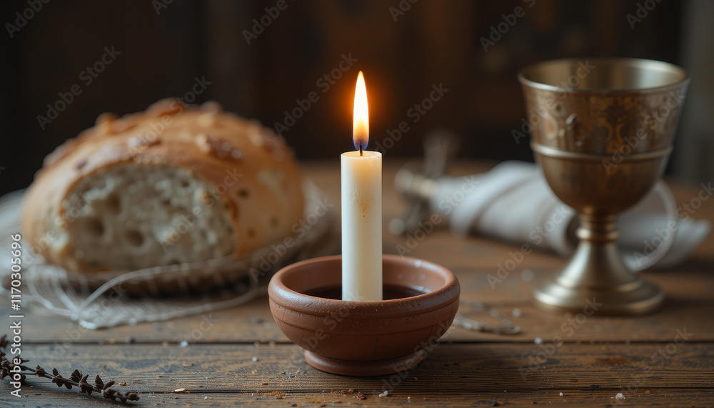 A candlelit setting with bread and a chalice for a meal or ritual. A candlelit setting with bread and a chalice for a meal or ritual.