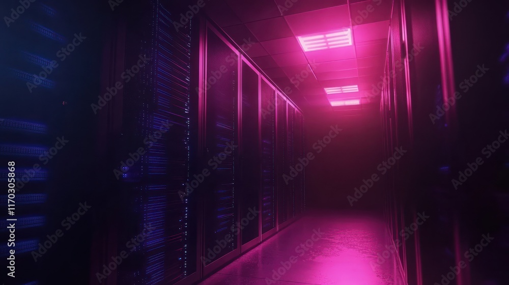 A dimly lit corridor in a data center with glowing lights and server racks. A dimly lit corridor in a data center with glowing lights and server racks.