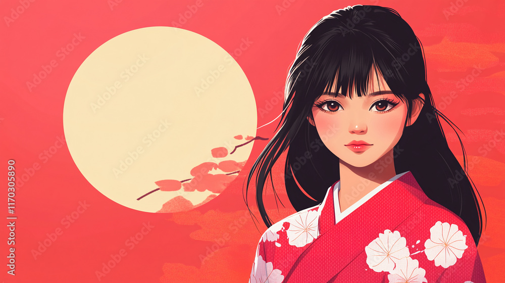 Japanese traditional culture geisha beautiful girl wearing kimono yukata illustration background