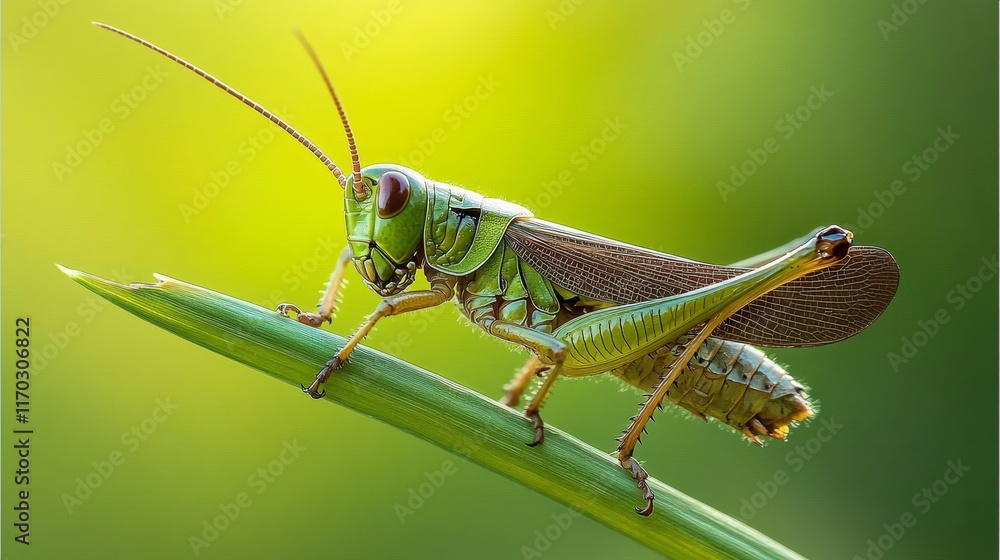 Vibrant Macro Shot of a Tiny Grasshopper Perched on Green Stem in Natural Sunlight Vibrant Macro Shot of a Tiny Grasshopper Perched on Green Stem in Natural Sunlight