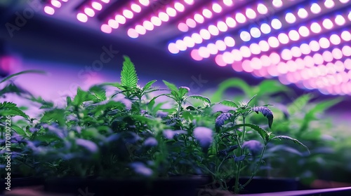 Indoor cannabis plants growing under pink and blue LED grow lights.