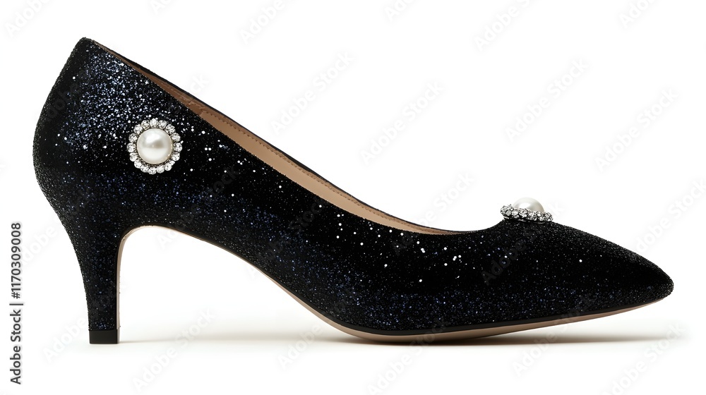 Black glitter pump shoe, kitten heel, pointed toe, single rhinestone embellishment, evening wear, sparkly texture, feminine footwear, formal attire, shimmering effect, elegant design, party shoe Black glitter pump shoe, kitten heel, pointed toe, single rhinestone embellishment, evening wear, sparkly texture, feminine footwear, formal attire, shimmering effect, elegant design, party shoe