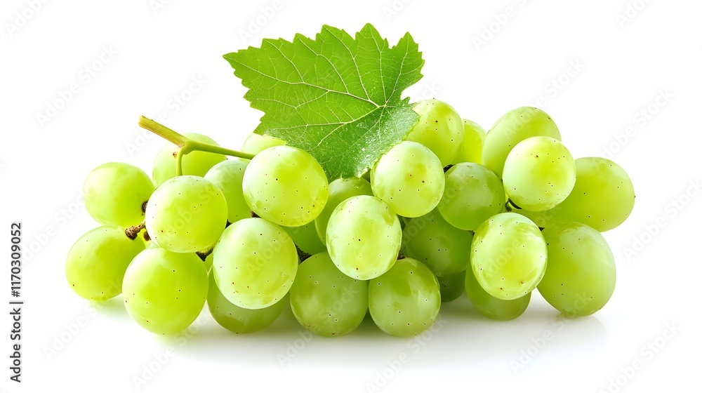 Green grapes, fresh fruit, vibrant color, close-up photography, white background, grape leaf, organic produce, high-resolution, studio lighting, food photography, crisp details, glossy surface, juicy Green grapes, fresh fruit, vibrant color, close-up photography, white background, grape leaf, organic produce, high-resolution, studio lighting, food photography, crisp details, glossy surface, juicy