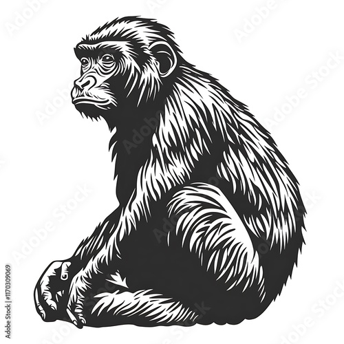 Thoughtful gorilla sitting, vintage monochrome style. photo