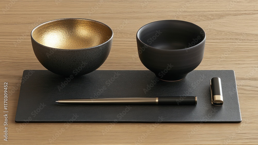 Elegant Table Setting with Gold and Black Bowls, Pen, and Case on Black Tray Elegant Table Setting with Gold and Black Bowls, Pen, and Case on Black Tray