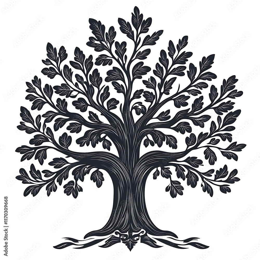 Obraz premium Majestic oak tree illustration with detailed leaves and roots.