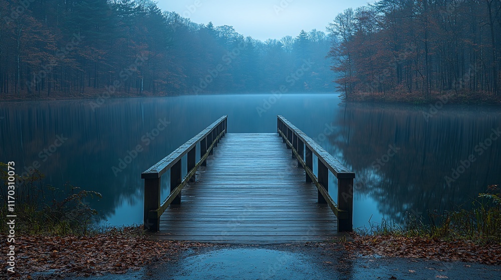 Obraz premium Wooden Dock Extends Over Misty Autumn Lake