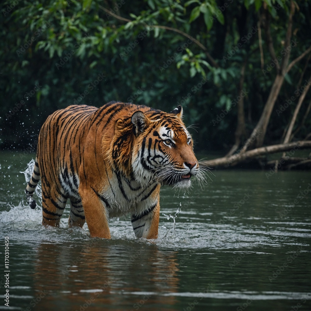 Obraz premium A tiger hunting its prey in the Sundarbans, India.