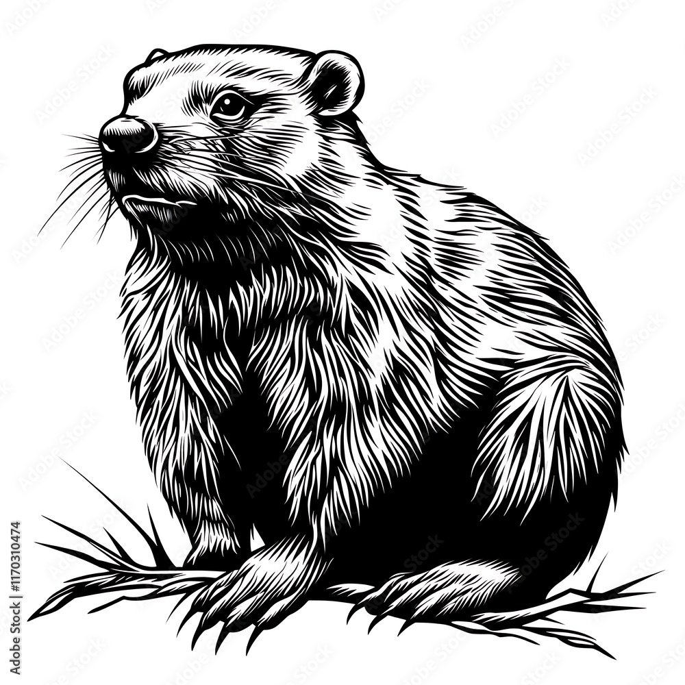 Obraz premium Groundhog etching style illustration.