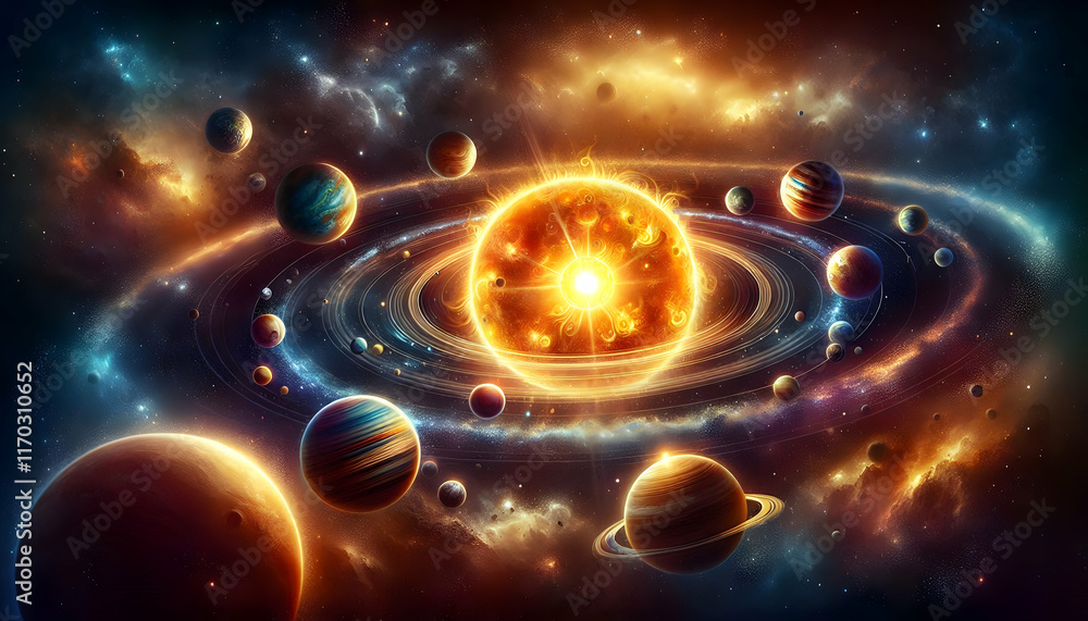 Obraz premium Universe A breathtaking illustration of the solar system with the sun shining brightly at the center, surroun3