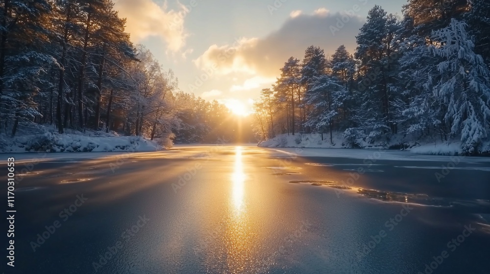 Sunlit winter landscape with frozen lake and snow-covered pines at sunset. Sunlit winter landscape with frozen lake and snow-covered pines at sunset.