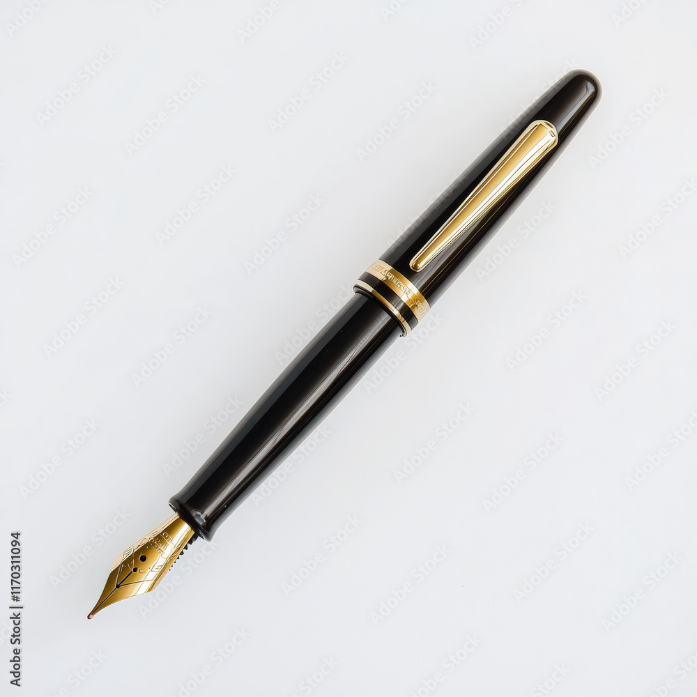 Elegant fountain pen with gold nib on plain white background Elegant fountain pen with gold nib on plain white background