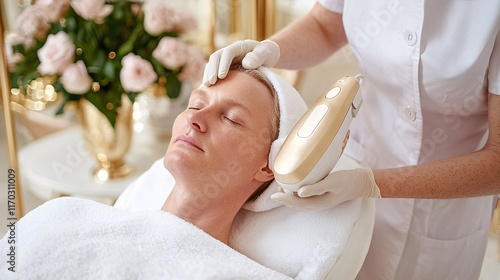 Relaxing facial treatment in a serene spa setting with a focus on skincare and rejuvenation. photo