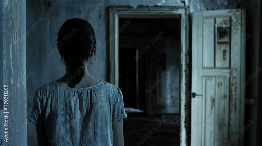 Naklejka premium Solitude in Ruins: A Pensive Woman in an Abandoned Building