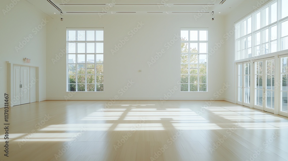 Obraz premium Bright empty room with large windows and wooden floor, perfect for events or dance practice. Minimalist design.