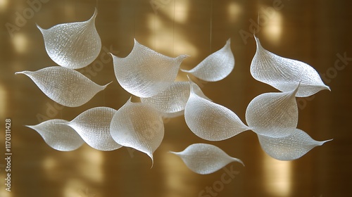 Delicate White Leaf Shaped Mobile Hanging Art photo