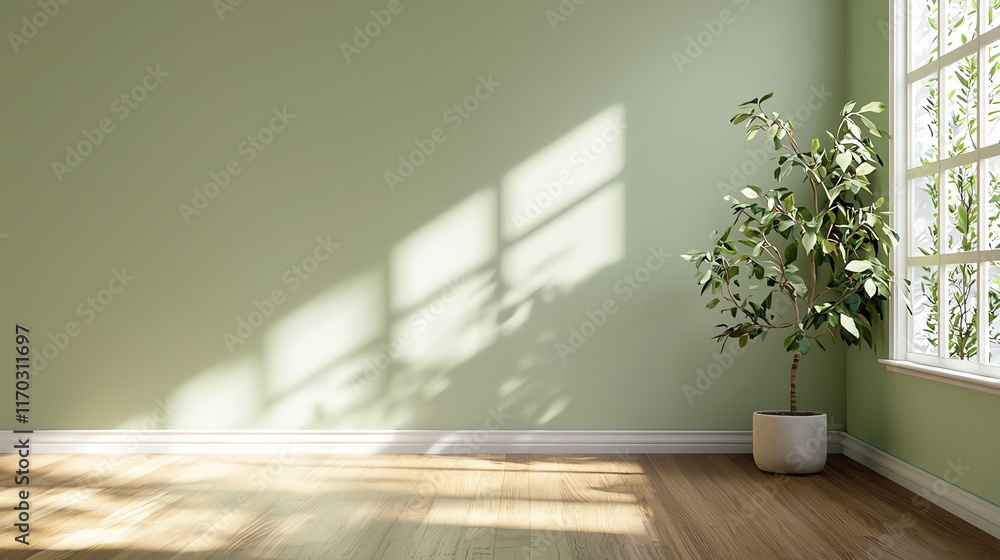 Fototapeta premium Sunlit room corner with wooden floor and green plant, minimalistic and serene.