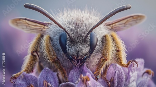 Close-up of a fuzzy grey bee on purple flower. photo