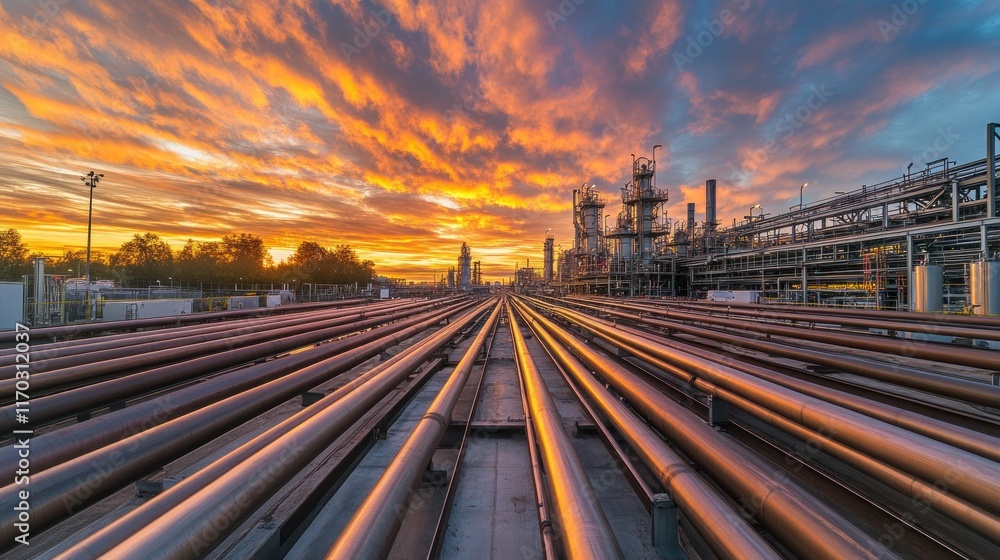 Fototapeta premium Sunset over Industrial Refinery: Pipelines and Processing Plant at Dusk
