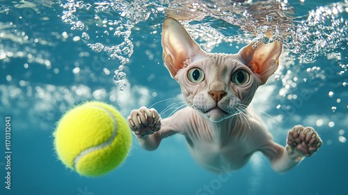 Sphynx cat swimming underwater, stretching towards a yellow tennis ball, dynamic bubbles and ripples. photo