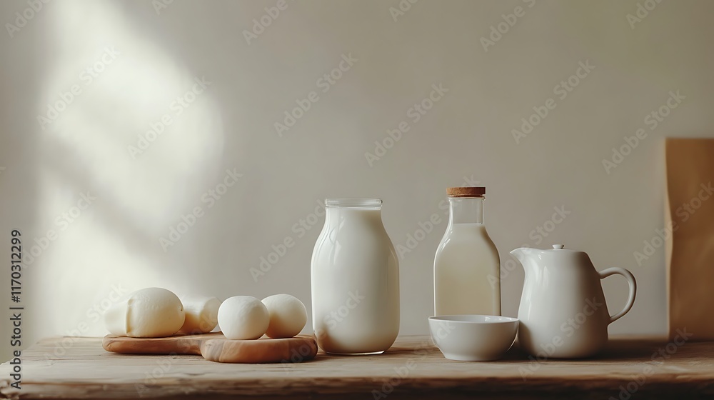 Milk, eggs, and cream in rustic setting. Milk, eggs, and cream in rustic setting.