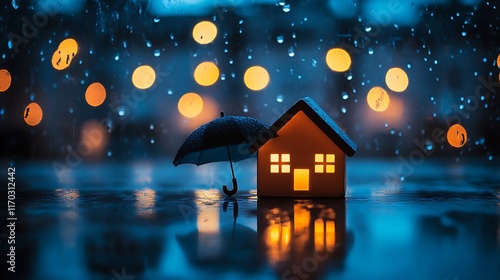 Wallpaper Mural Miniature house protected by umbrella in rain. Torontodigital.ca