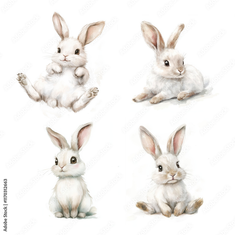 Cute white rabbits in various playful poses illustrating youthful energy and curiosity Cute white rabbits in various playful poses illustrating youthful energy and curiosity