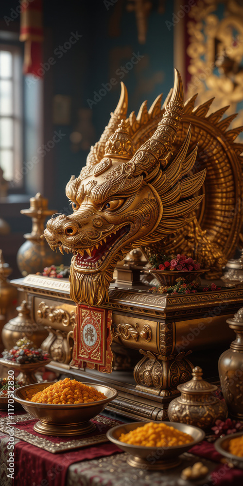 Obraz premium Golden dragon statue surrounded by offerings and decorative items.