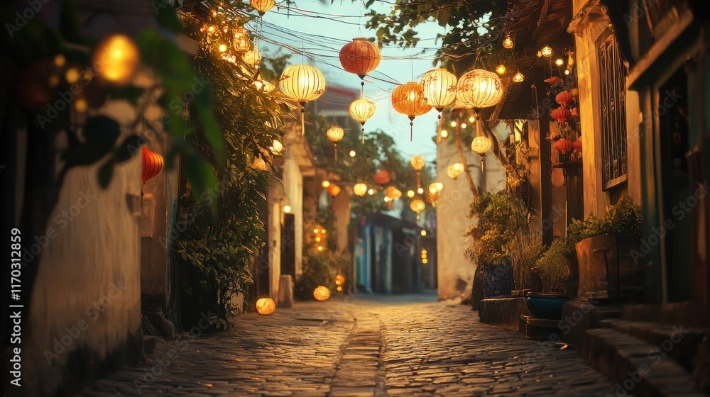Fototapeta premium Illuminated cobblestone alleyway with hanging lanterns at twilight.