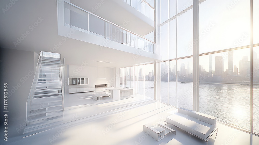 Fototapeta premium Modern Minimalist Apartment with Stunning City Views