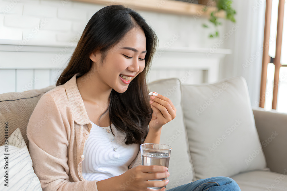 Happy Asian woman holding glass of water and taking vitamin, taking Pill sitting on sofa Happy Asian woman holding glass of water and taking vitamin, taking Pill sitting on sofa