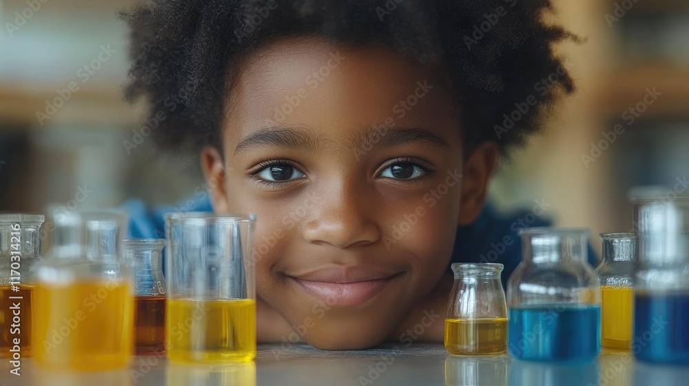 Smiling girl student leans on table with colorful science experiment beakers. Smiling girl student leans on table with colorful science experiment beakers.