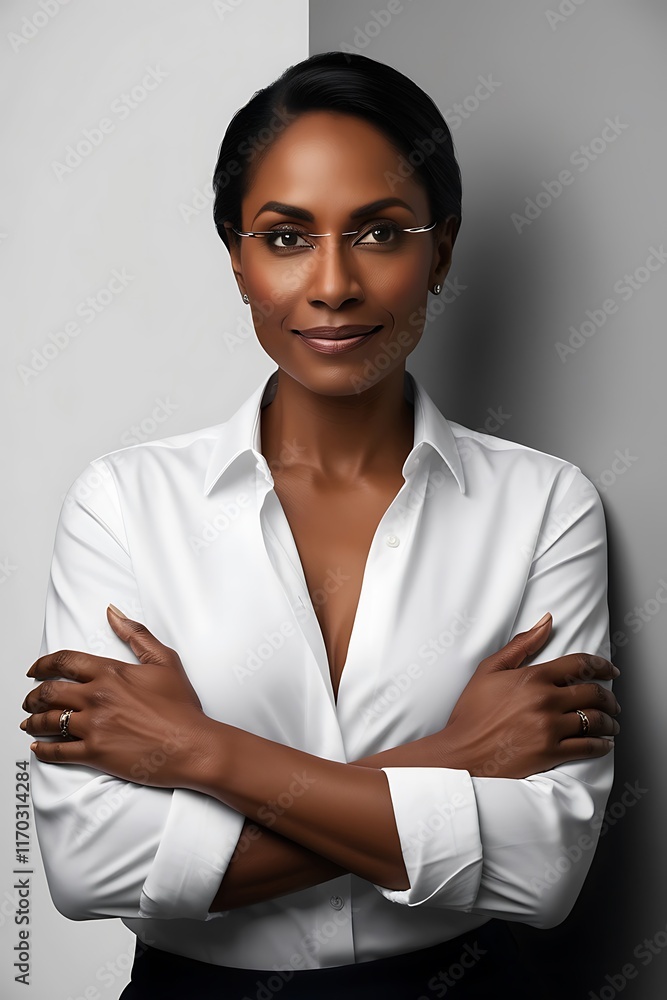 Photo of curious boss woman folded arms look empty space wear eyewear white shirt isolated grey color background Photo of curious boss woman folded arms look empty space wear eyewear white shirt isolated grey color background