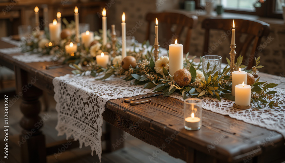 Elegant dining table decorated with candles and floral arrangements. Elegant dining table decorated with candles and floral arrangements.