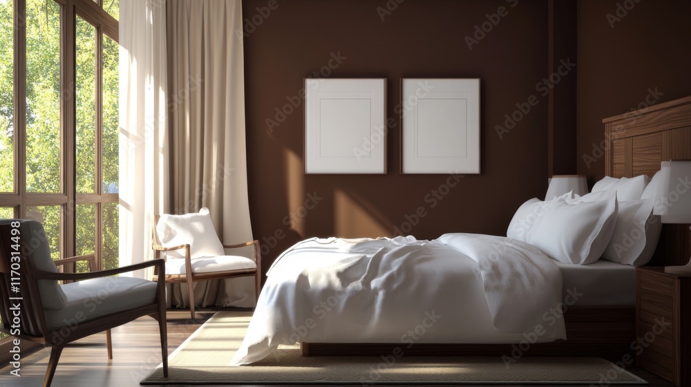 Fototapeta premium Modern minimalist bedroom in color Mocha Mousse with brown walls and white bed linen