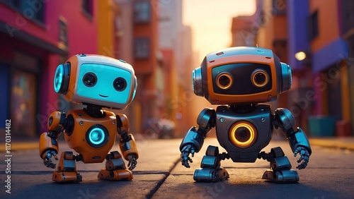 Adorable 3D Robots for Technology Themes with Vibrant Backgrounds. Three cute 3D robots with distinct personalities and designs set against colorful backgrounds. photo