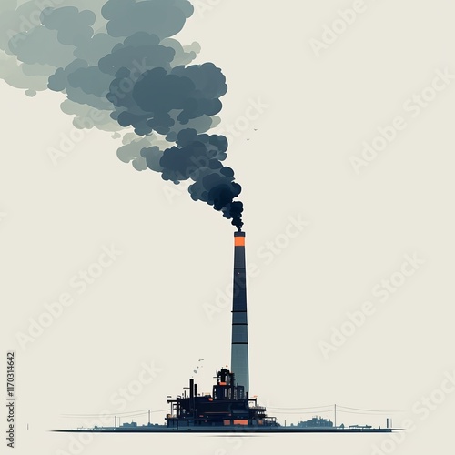 PM2.5 pollution. Industrial smokestack emitting dark smoke against a light background, symbolizing pollution and environmental concerns. photo