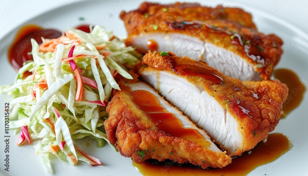 Crispy Tonkatsu with Fresh Coleslaw and Sauce on White Plate in Top Down View Crispy Tonkatsu with Fresh Coleslaw and Sauce on White Plate in Top Down View