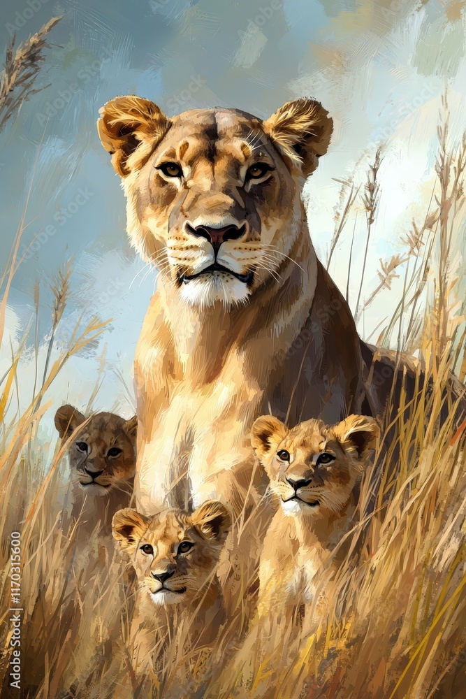 Fototapeta premium A lioness teaching her cubs how to stalk prey in tall grass.