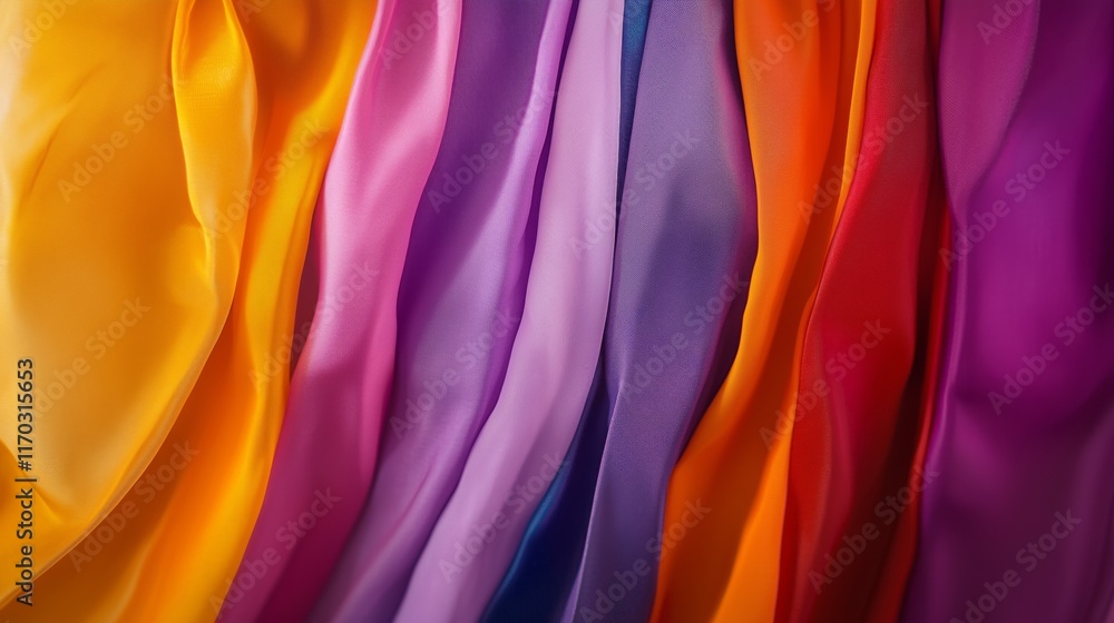 Colorful silk fabric hanging showing texture and grace Colorful silk fabric hanging showing texture and grace