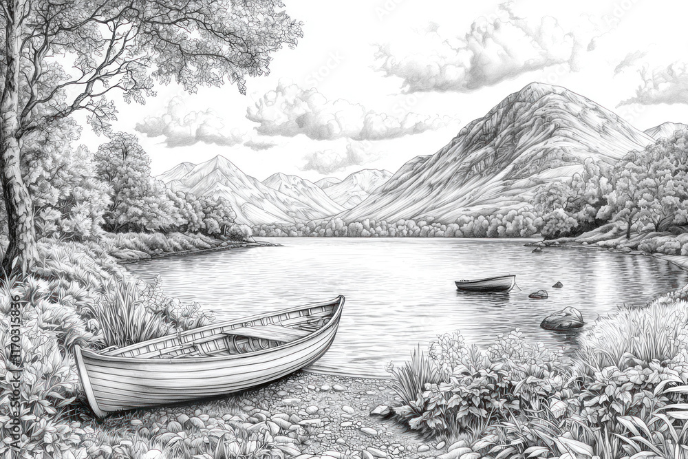 Serene pencil sketch of a tranquil lake nestled amidst mountains, featuring boats and lush vegetation. Serene pencil sketch of a tranquil lake nestled amidst mountains, featuring boats and lush vegetation.