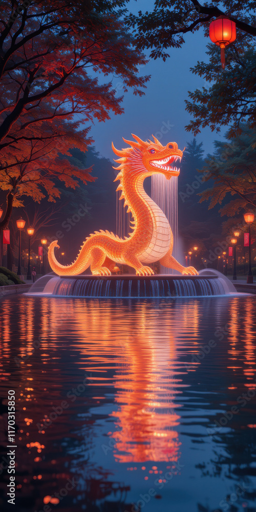 A glowing dragon fountain in a serene, autumnal park setting. A glowing dragon fountain in a serene, autumnal park setting.