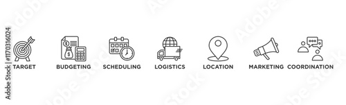 Event management banner web icon vector illustration concept with icon of target, budgeting, scheduling, logistics, location, marketing, and coordination