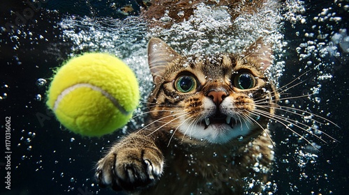 Bengal cat underwater, eyes wide, reaching for a yellow tennis ball, surrounded by bubbles. photo