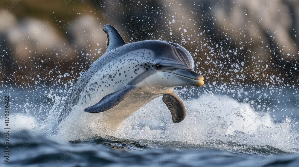 Fototapeta premium Spotted dolphin leaping from ocean water, splashing.