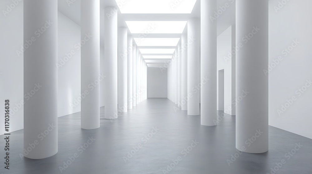 Modern minimalist white hallway with columns and bright lighting. Modern minimalist white hallway with columns and bright lighting.