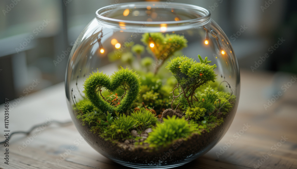 A decorative terrarium with vibrant greenery and fairy lights. A decorative terrarium with vibrant greenery and fairy lights.