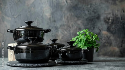 Black cookware set on kitchen counter with herbs.