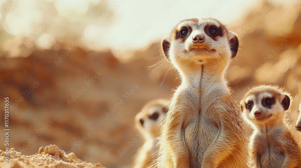 Fototapeta premium A meerkat mother teaching her pups to stand guard.